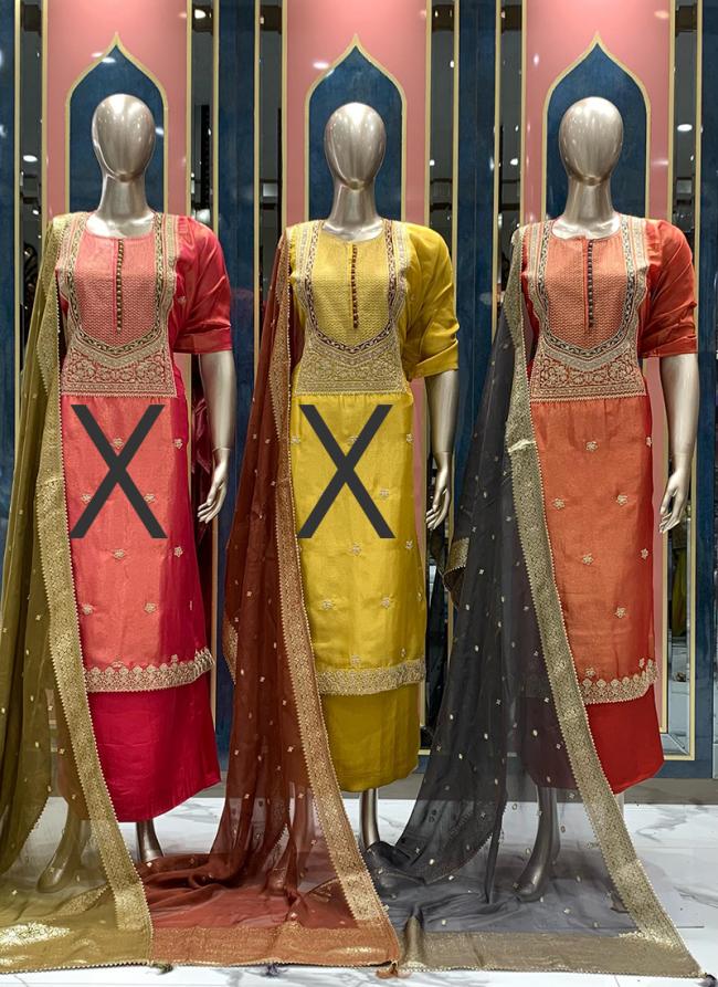 Shimmer Tissue Orange Traditional Wear Hand Work Punjabi Dress Material